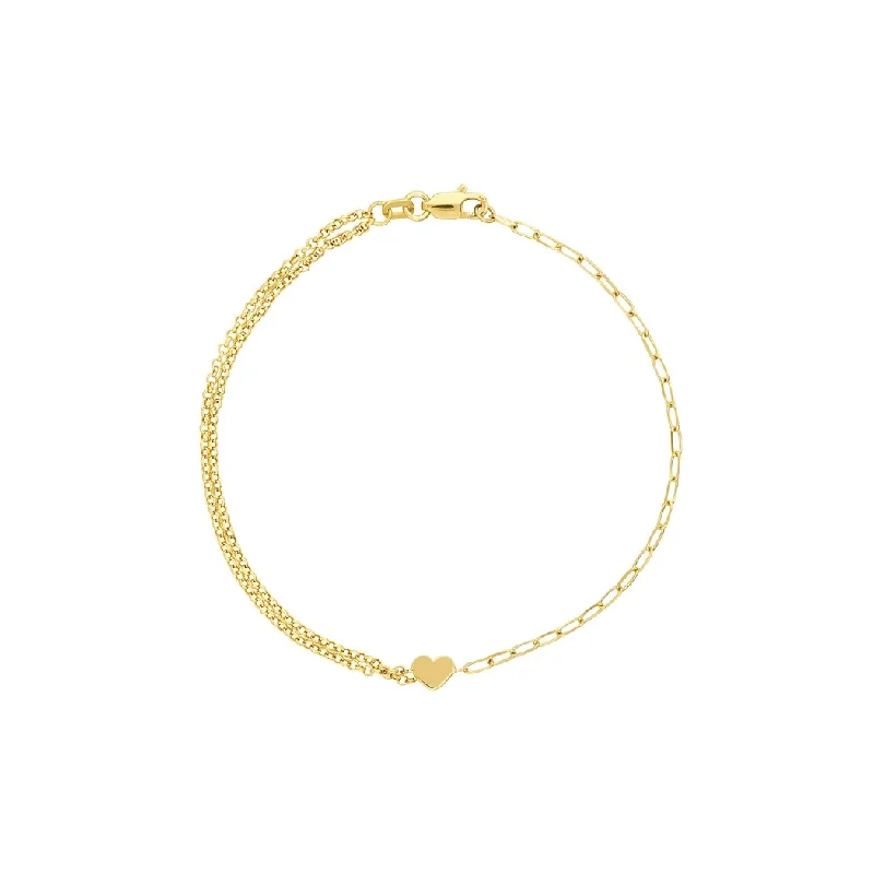 Ladies rose gold bangle-Curata 14k Yellow Gold 7.5" Double Strand Rolo and Paperclip Heart Bracelet