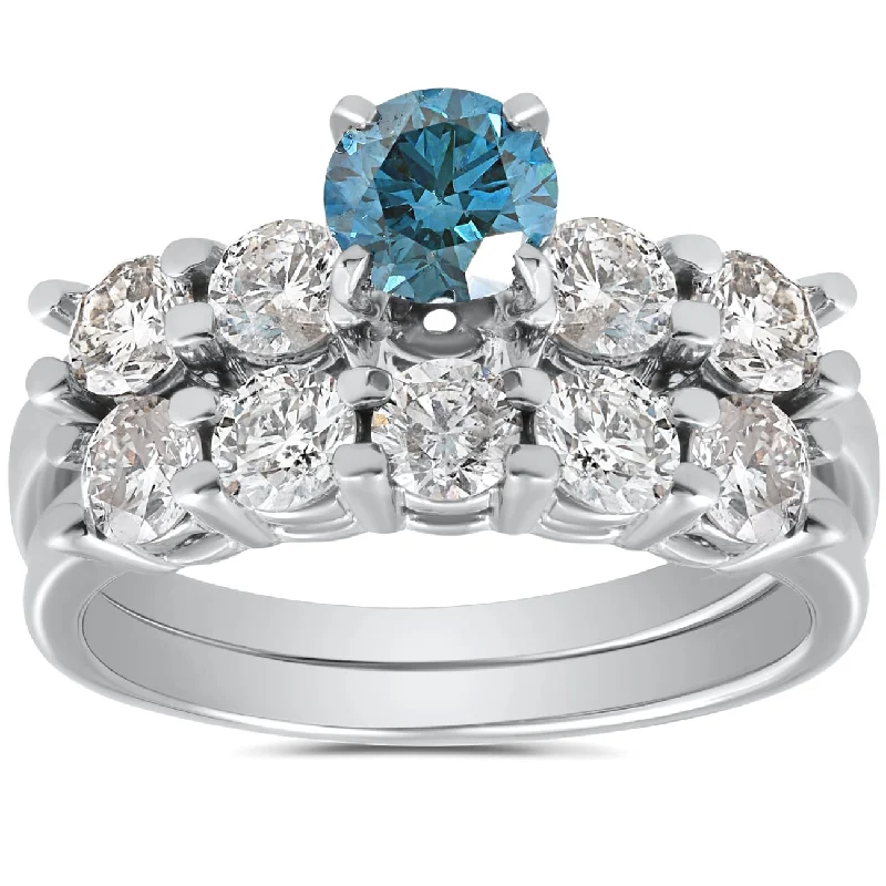 Ladies platinum diamond engagement ring-2 1/2ct Blue & White Diamond Engagement Ring Set White Gold