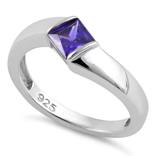 Ladies stackable ring-Sterling Silver Channel Bar Square Amethyst CZ Ring