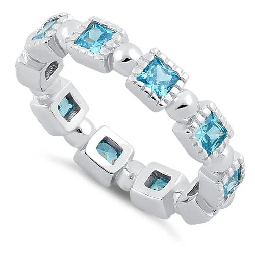 Ladies handmade diamond ring-Sterling Silver Princess Cut Blue Topaz Eternity CZ Ring