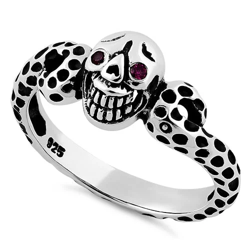 Ladies ring with diamonds-Sterling Silver Ladies Red Eyed Skull Ring