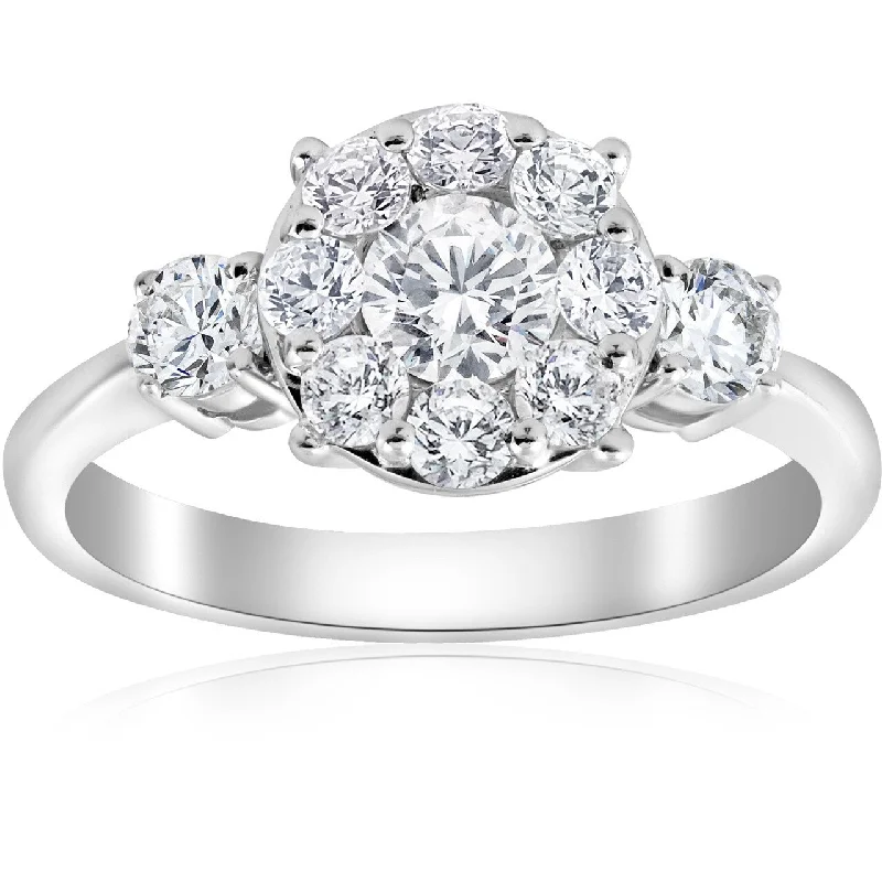 Ladies unique wedding engagement ring-1 1/4ct Round Diamond Engagement Ring Pave Halo 3-Stone White Gold Lab Grown