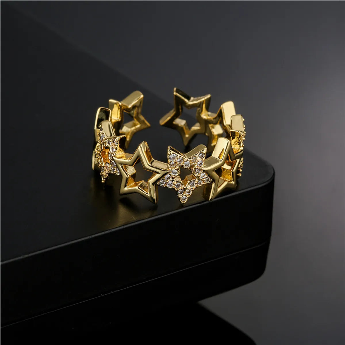 Ladies wedding ring set-Fashion Hollow Five-pointed Star Copper Micro-inlaid Opening Ring