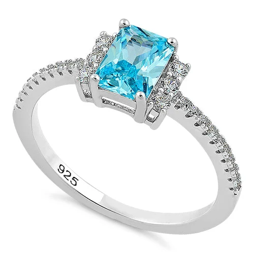 Ladies vintage wedding band-Sterling Silver Blue Topaz Rectangle CZ Ring