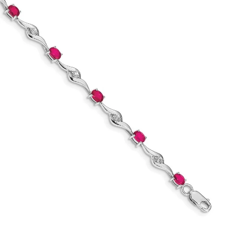 Ladies floral bracelet-Curata 14k White Gold White Sapphire and Composite Ruby Gemstone Bracelet