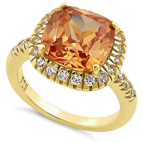 Ladies rose gold wedding ring-Sterling Silver Two Tone Gold Plated Halo Princess Cut Champagne CZ Ring