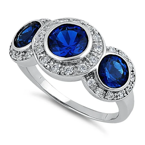 Ladies unique engagement ring-Sterling Silver Blue Sapphire Three Stone Halo CZ Ring