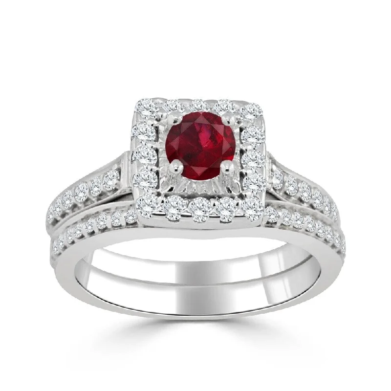 Ladies princess cut engagement ring-Auriya Round 2/5ct Red Ruby and 5/8cttw Diamond Halo Engagement Ring Set 14k Gold