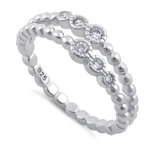 Ladies antique ring-Sterling Silver Double Beaded Clear CZ Ring