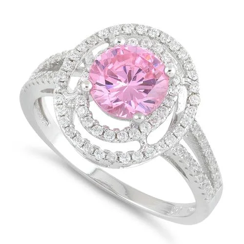 Ladies vintage gold ring-Sterling Silver Double Halo Round Pink CZ Ring