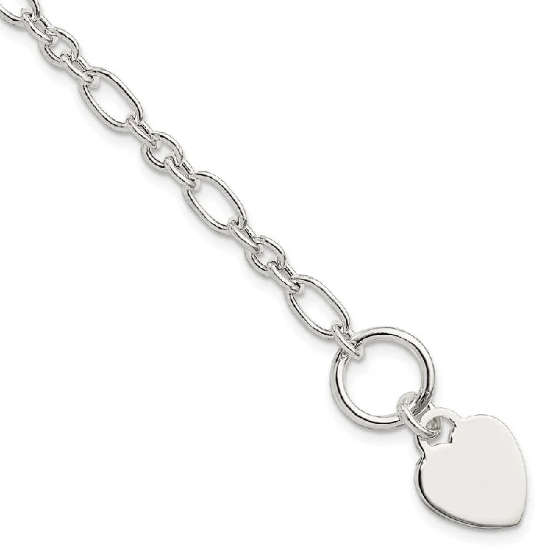 Ladies gemstone bangles-925 Sterling Silver Heart Charm Fancy Link Bracelet, 7.5" (W-12.25mm)