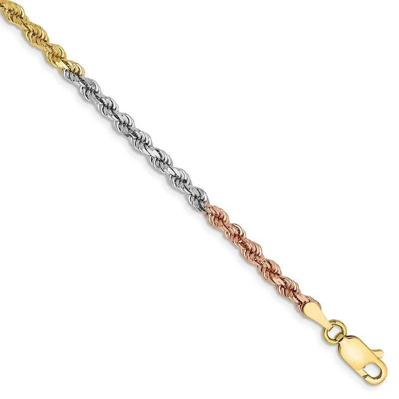 Ladies boho bracelet-14k Tri-Color 2.9mm Diamond Cut Rope Bracelet