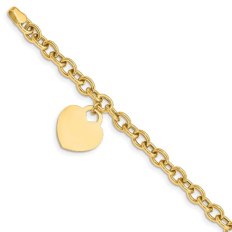 Ladies wedding bracelet-Curata 10k Yellow Gold 7.25" 15mm Heart Charm Hollow Bracelet