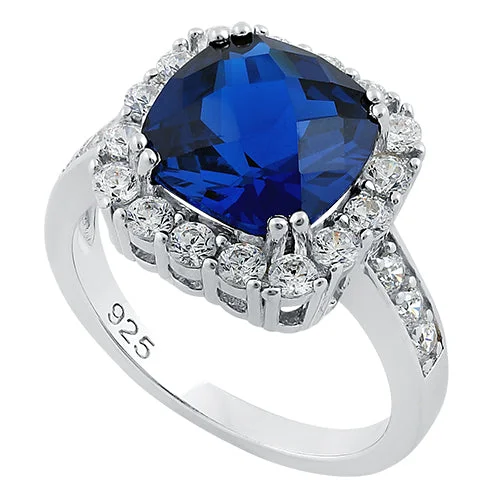 Ladies unique engagement ring-Sterling Silver Deep Blue Sapphire Cushion CZ Ring