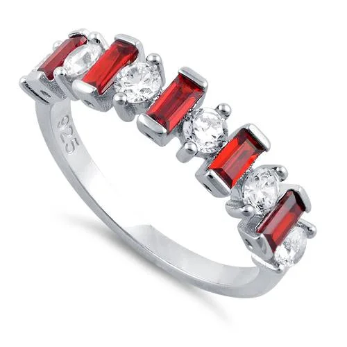 Ladies engagement ring-Sterling Silver Round & Baguette Garnet CZ Ring