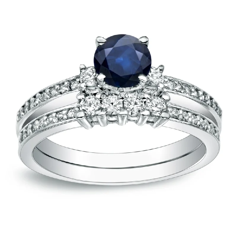 Ladies platinum diamond engagement ring-Auriya 1/2ct Blue Sapphire and 1/2ctw 3 Stone Diamond Engagement Ring Set Platinum