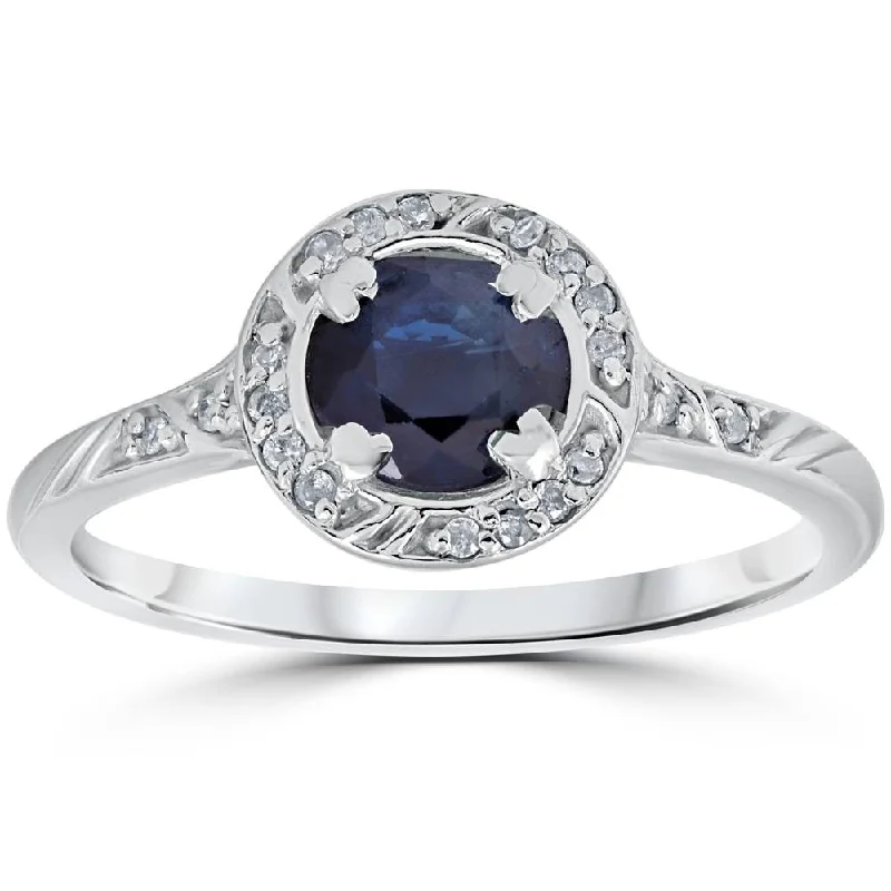 Ladies oval cut engagement ring-1 1/6ct Blue Sapphire Vintage Diamond Engagement Ring White Gold