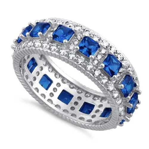 Ladies diamond wedding band-Sterling Silver Eternity Princess Cut Blue Spinel CZ Ring