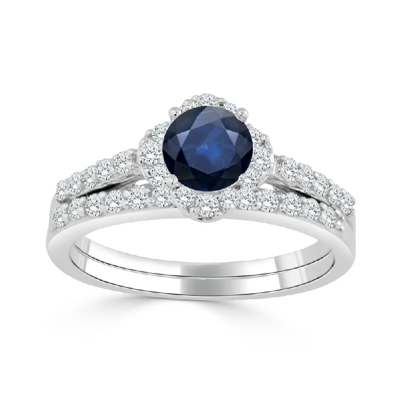 Ladies double halo engagement ring-Auriya Floral 1/2ct Blue Sapphire and 1/2ctw Halo Diamond Engagement Ring Set 14k Gold