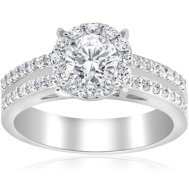 Ladies vintage-inspired engagement ring-1 1/2ct Pave Round Cut Halo Diamond Engagement Ring White Gold Double Row