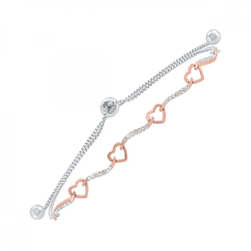 Ladies statement gold bracelet-Sterling Silver and 10k Rose Gold Diamond Hearts Bracelet