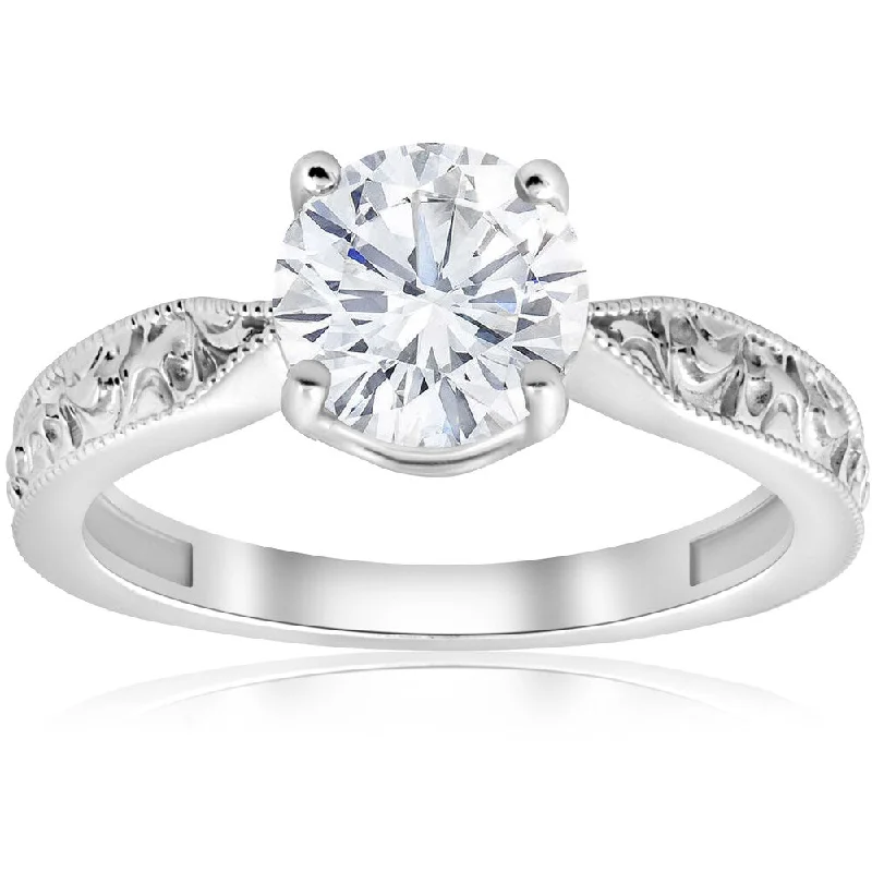 Ladies engagement ring with big diamond-14K White Gold 1 1/2ct Solitaire Vintage Scroll Clarity Enhanced Diamond Engagement Ring (H-I, I1-I2)