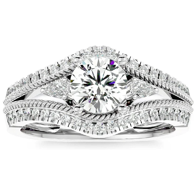 Ladies custom engagement ring with engraving-1 1/3Ct Diamond & Moissanite Designed Accent Engagement Ring in Gold