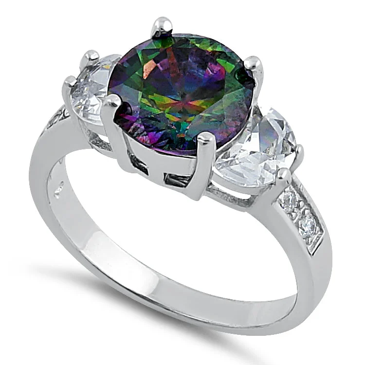 Ladies solitaire ring-Sterling Silver Round Triple Stone Rainbow Topaz CZ Ring