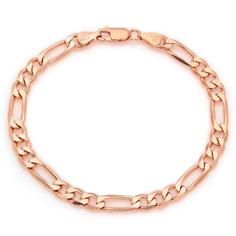 Ladies diamond-studded bracelet-Roberto Martinez Rose Gold over Silver 6 mm Diamond-cut Figaro Bracelet (7 Inch)