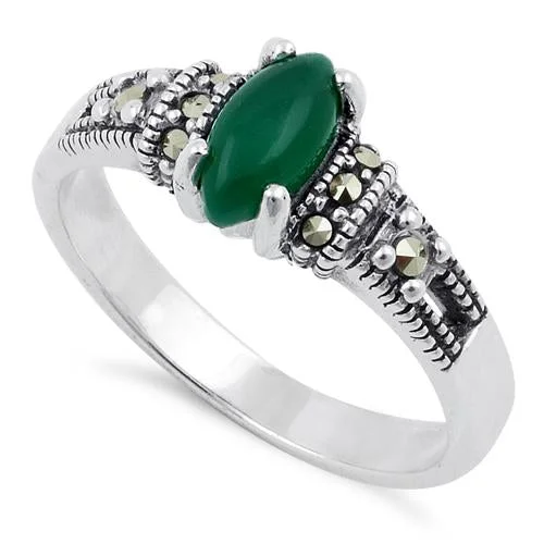 Ladies birthstone engagement ring-Sterling Silver Green Agate Marquise Marcasite Ring