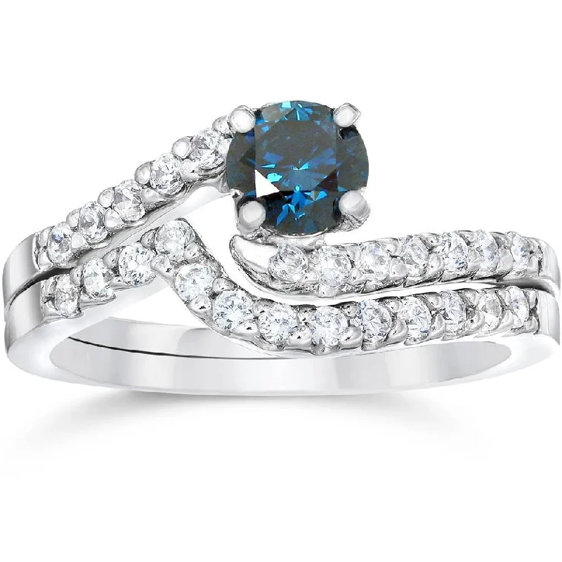 Ladies affordable engagement ring-3/4ct Blue & White Diamond Engagement Wedding Ring Set White Gold