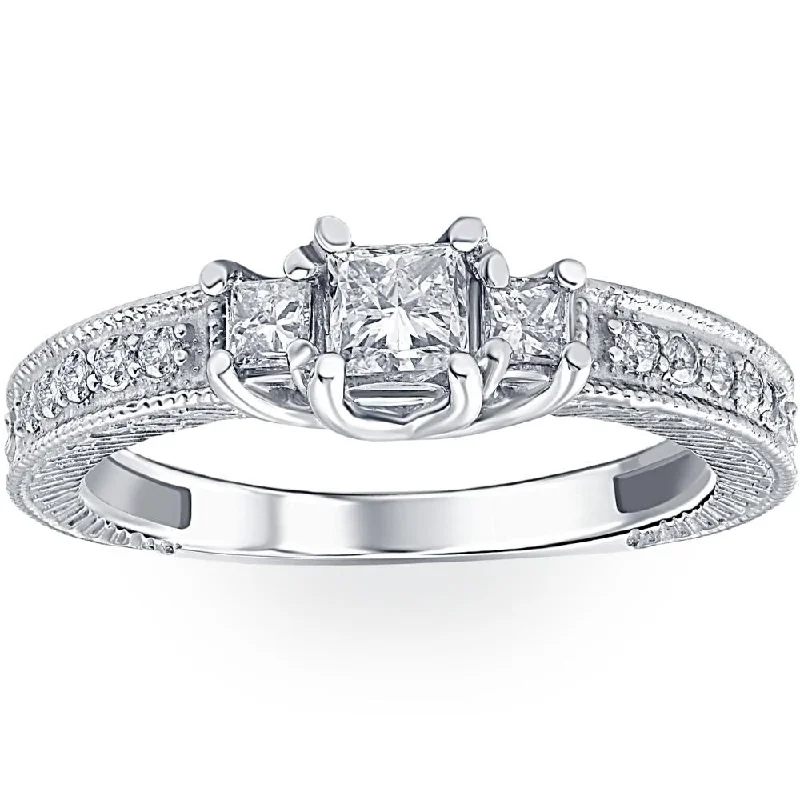 Ladies elegant platinum engagement ring-1/2ct Vintage Three Stone Princess Cut Diamond Engagement Ring White Gold