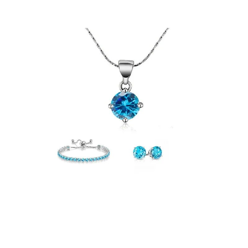 Ladies gold tennis bracelet-18K White Gold 6 Ct Round Created Blue Topaz Necklace Earrings Bracelet Set