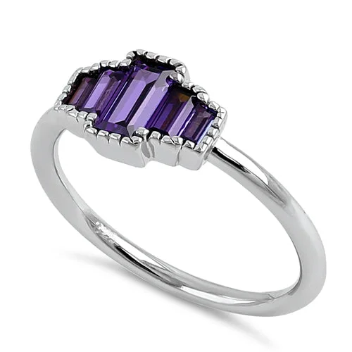 Ladies oval ring-Sterling Silver Five Baguette Cut Amethyst CZ Ring