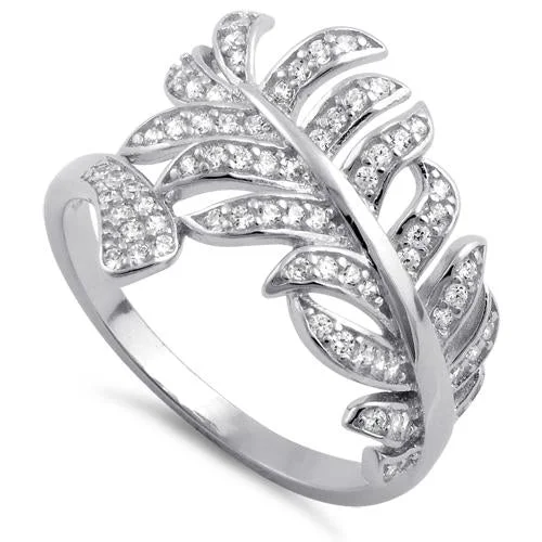 Ladies diamond ring set-Sterling Silver Leaf Clear CZ Ring