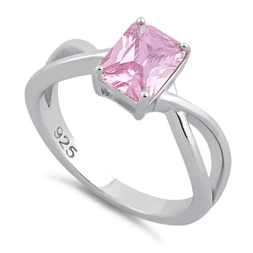 Ladies vintage ring-Sterling Silver Twist Emerald Cut Pink CZ Ring