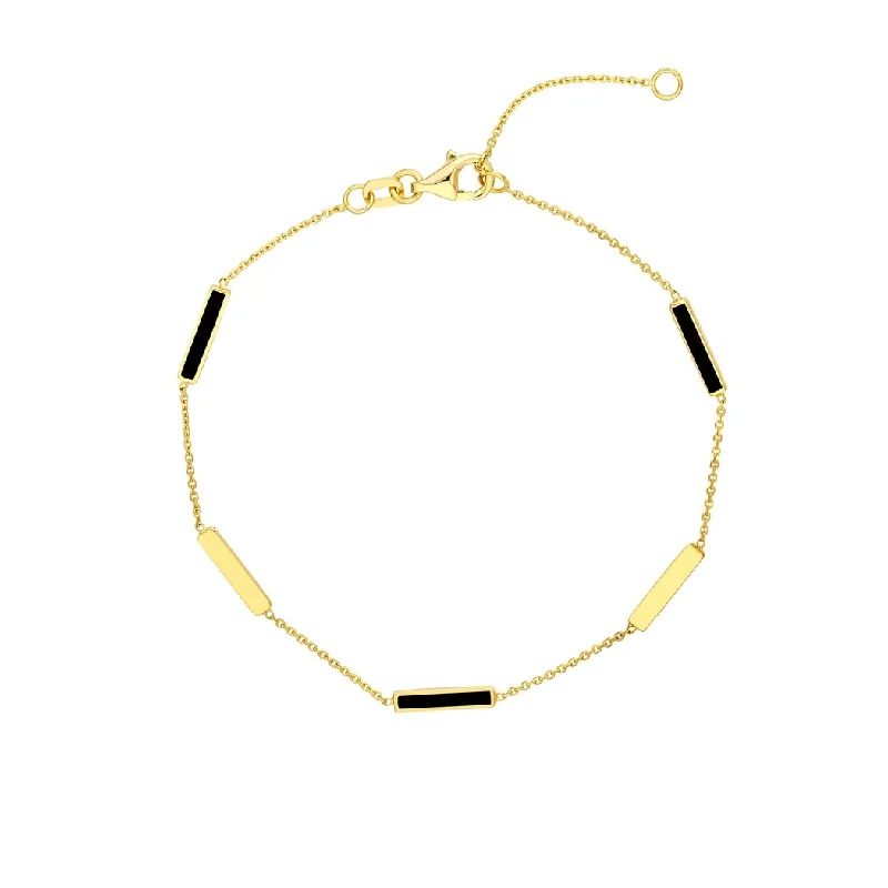 Ladies diamond bracelet-Curata 14k Yellow Gold 7.25" Black enamel Alternating Bar Sation Bracelet