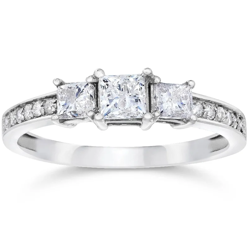 Ladies wedding and engagement ring set-1/2ct Three Stone Princess Cut Diamond Engagement Ring White Gold