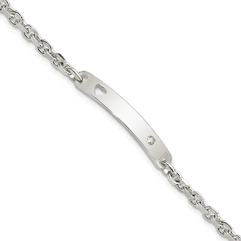 Ladies gold chain bracelet-925 Sterling Silver ID w/Cubic Zirconia Heart Bracelet, 7.5" (W-5mm)