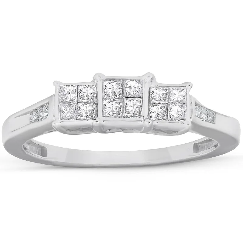 Ladies cushion cut engagement ring-1/2 Ct Princess Cut Diamond Three Stone Engagement Ring 10k White Gold