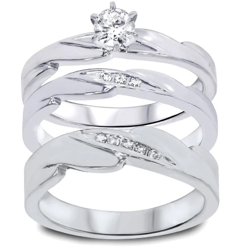 Ladies luxury wedding engagement ring-1/3ct Diamond Engagement Wedding Ring Trio Set White Gold