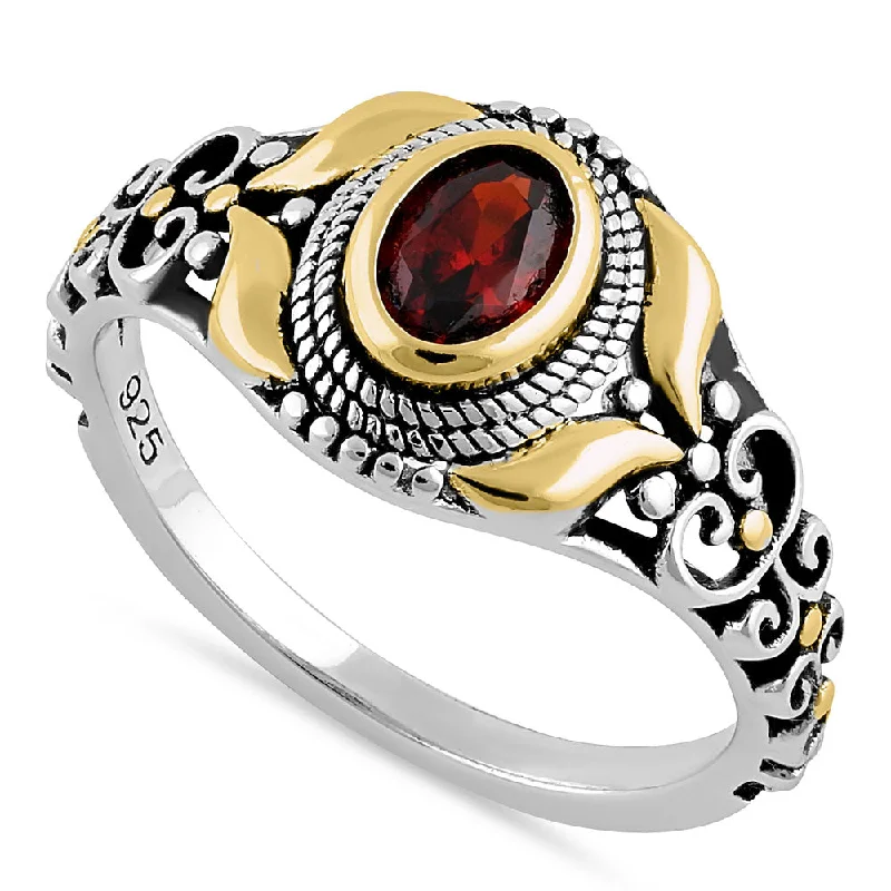 Ladies oval ring-Sterling Silver Gold Plated Detailing Austere Oval Cut Dark Garnet CZ Ring