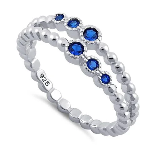 Ladies rose gold wedding ring-Sterling Silver Double Beaded Blue Spinel CZ Ring