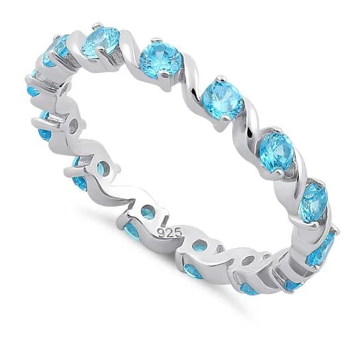 Ladies gold cocktail ring-Sterling Silver Swirl Aqua Blue Eternity CZ Ring