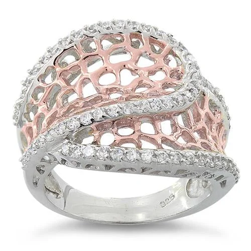 Ladies adjustable ring-Sterling Silver Two-Tone Rose Gold Plated Freeform CZ Ring