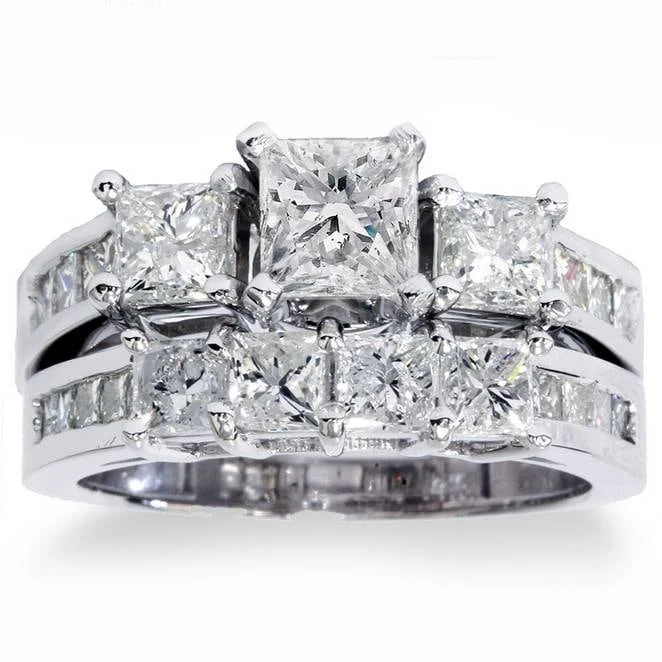 Ladies halo engagement ring-3 1/2ct Princess Cut Diamond Engagement Ring Wedding Set White Gold