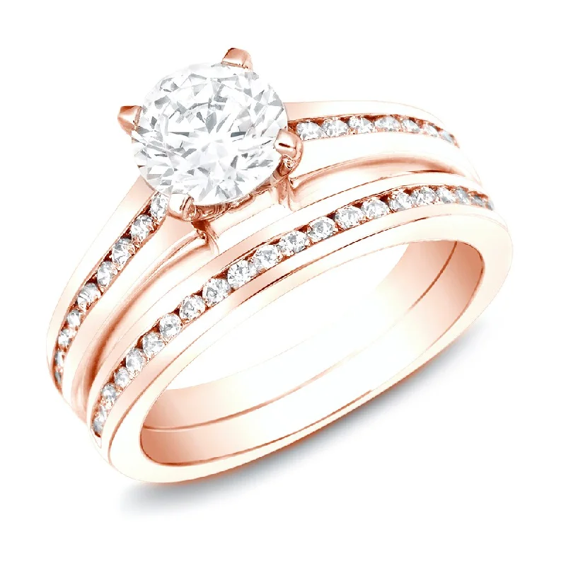 Ladies engagement ring with alternating stones-Auriya 14k Rose Gold 1ctw Classic Round Diamond Engagement Ring Set