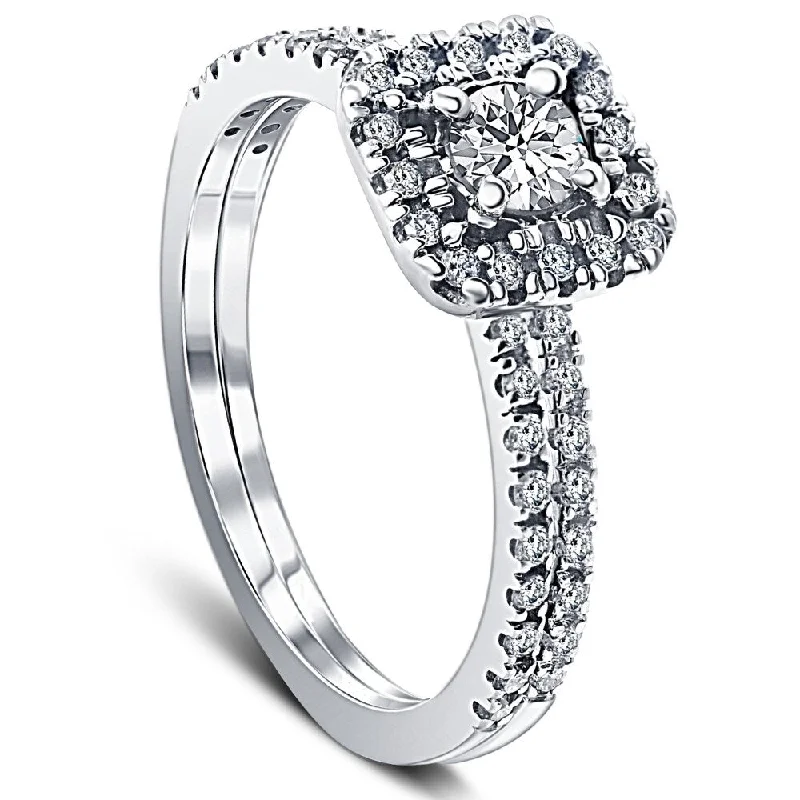 Ladies solitaire engagement ring-1/2 Ct TDW Diamond Cushion Halo Engagement Wedding Ring Set White Gold Lab Grown