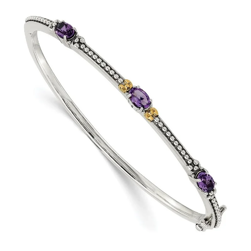 Ladies classic bracelet-Curata 925 Sterling Silver Hinged With 14k Yellow Amethyst Cuff Stackable Bangle Bracelet