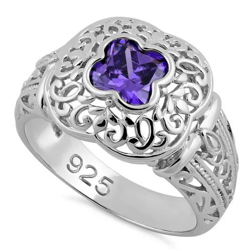 Ladies handmade diamond ring-Sterling Silver Quatrefoil Amethyst CZ Ring